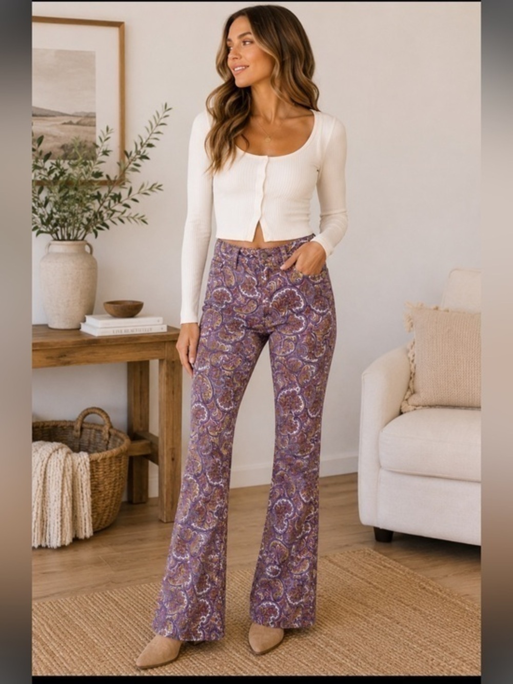 IMAN 2P Petite Purple Paisley Print Flare Bootcut Jeans Stretch Y2K